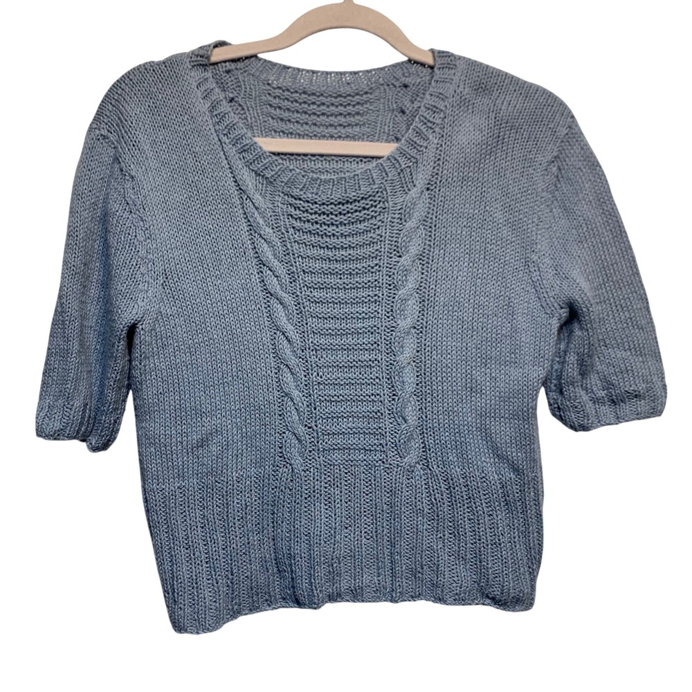 Cable Knit Short Sleeve Sweater Womens Small Blue Crew Neck Soft Girl Coquette